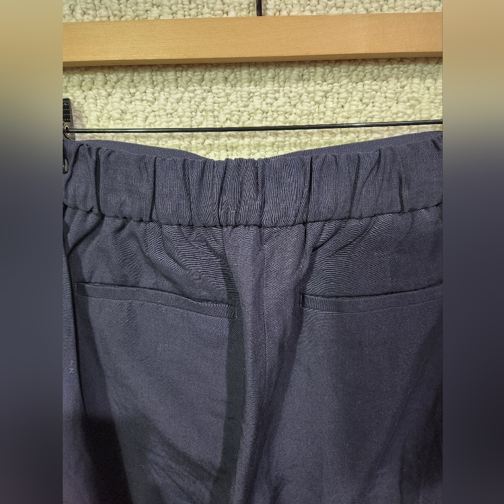 Talbots Linen Blend Wide Leg Navy Dress‎ Pant Pull On Elastic Waist Belted LG - Picture 5 of 10